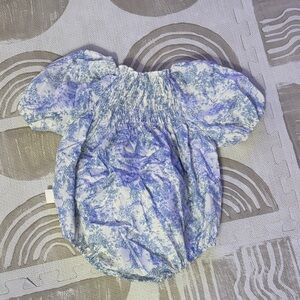 Smocked Puff-Sleeve Baby Romper in Blue Toile